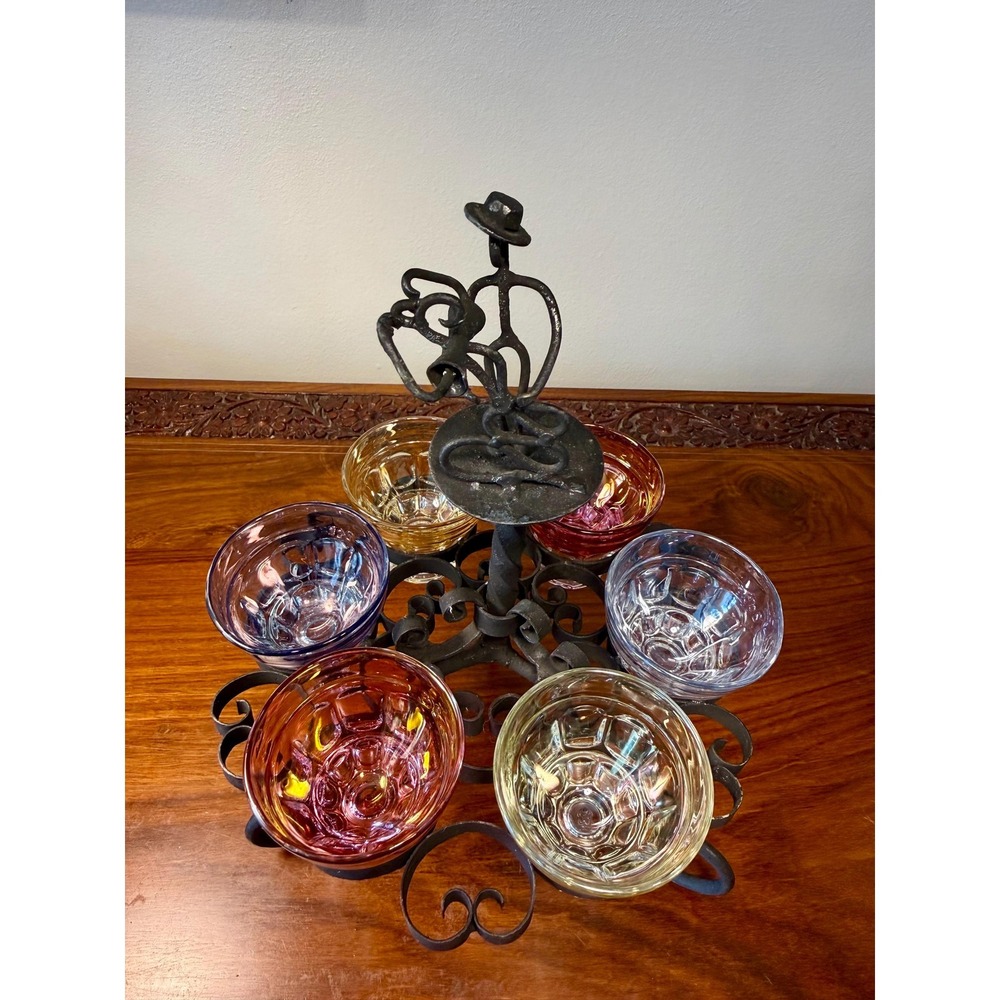 Vintage Cordial Glass Set • Dancing Couple Bar Caddy with 6 Colorful Glasses - Picture 4 of 17